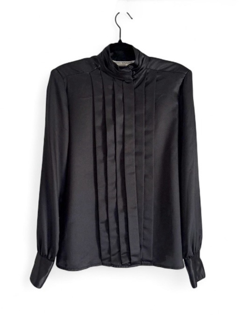 Vintage Women's Black Satin Blouse with Pleated Front Women’s Sz 10 Classic Chic
